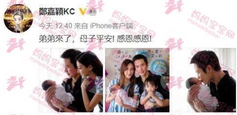 香港艺人郑嘉颖再度当爹，陈凯琳透露二胎宝宝早产，晒全家福报喜