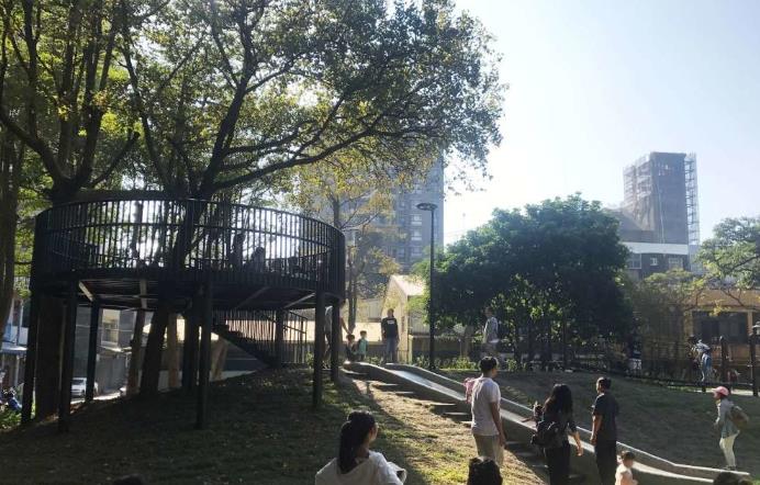 百年老树旁的游戏场－新竹长和公园，高架树屋瞭望平台+地景磨石子溜滑梯