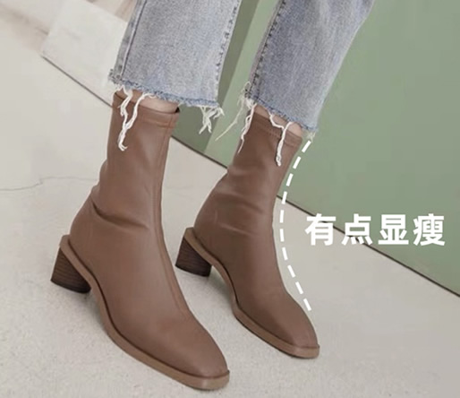 1、深棕色网红瘦瘦靴 一般这种皮面料的靴子都是侧拉链的设计，但是这款是一脚蹬包脚的设计，目的就是为了更加的显瘦。