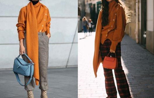 4、毛衣和围巾组合，这绝对是时髦的新款，其中橘色让你成熟稳重的选搭。